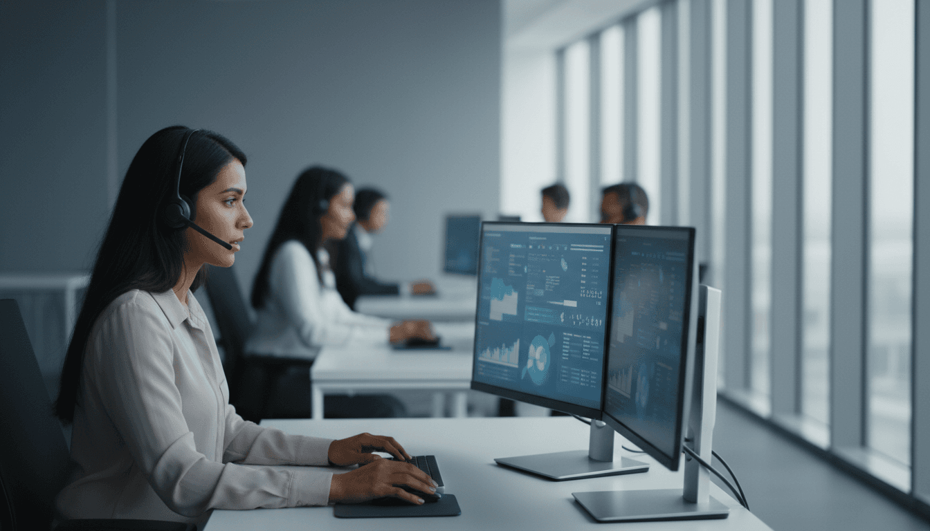 Customer service professional at modern workstation in call center