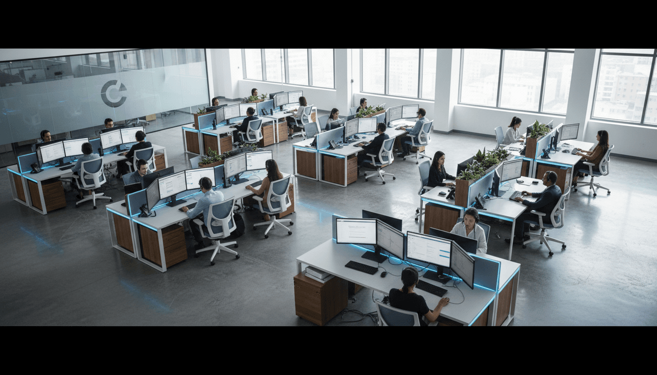 Modern call center floor with multiple agents at workstations