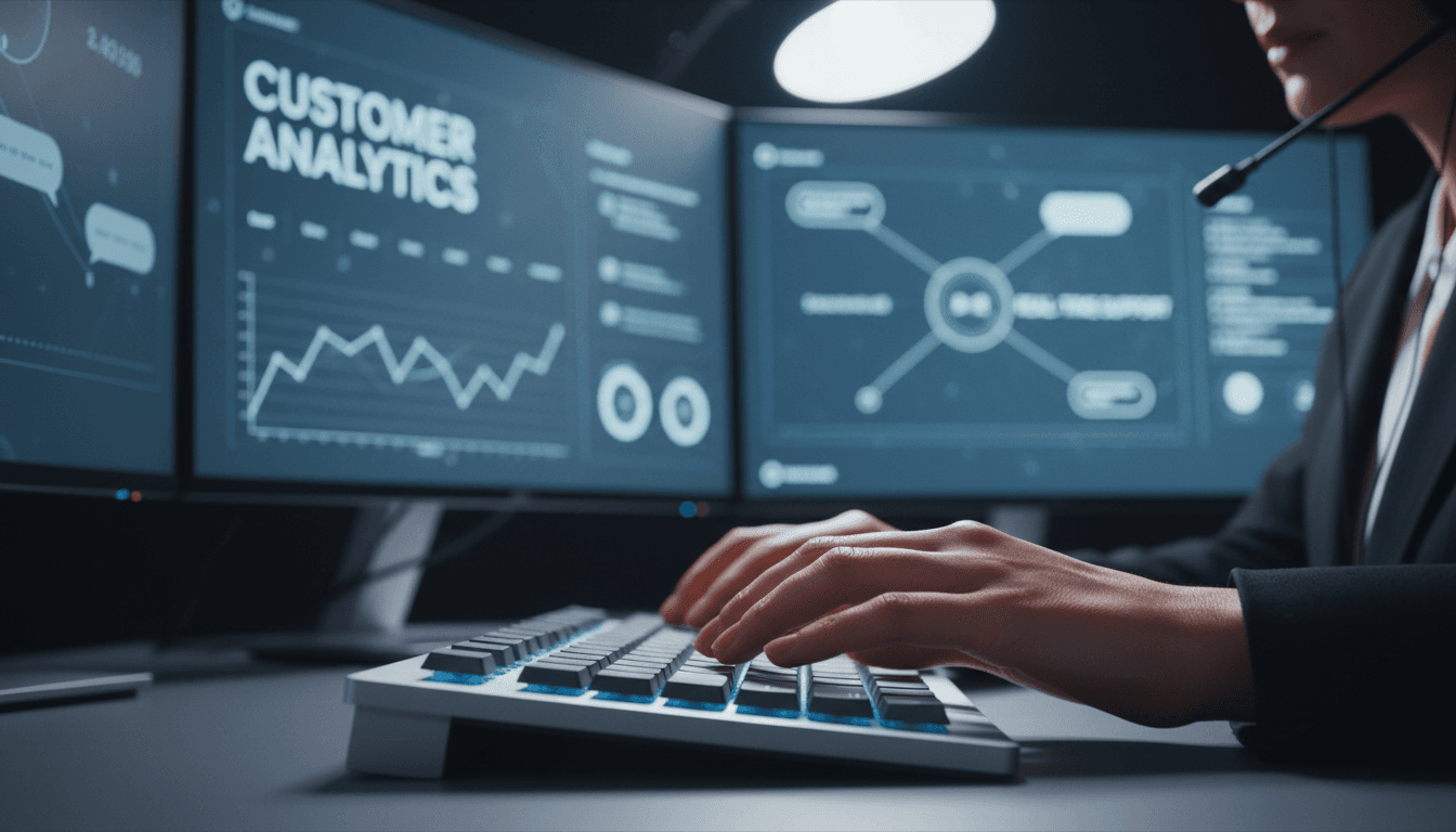 Agent hands on keyboard with customer service dashboard displays