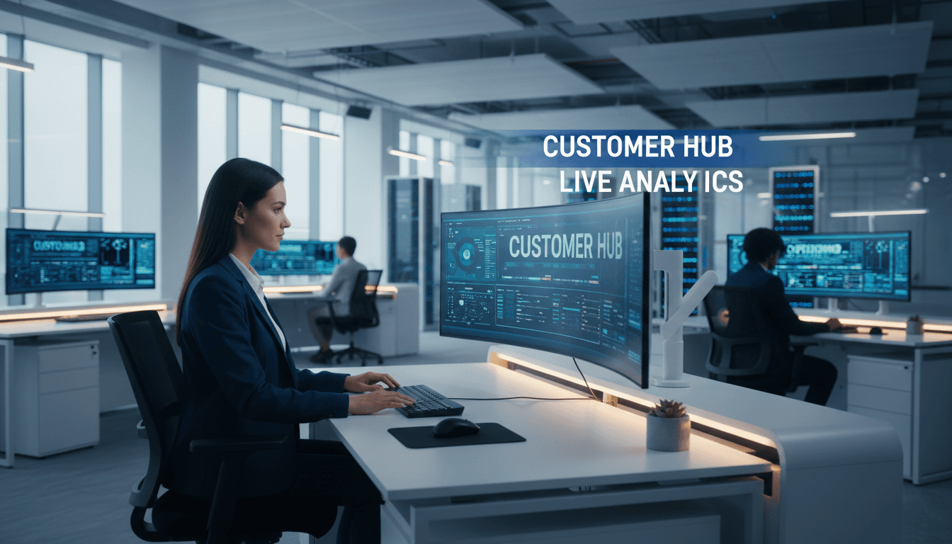 Contact center professional managing multi-channel customer interactions at a modern workstation