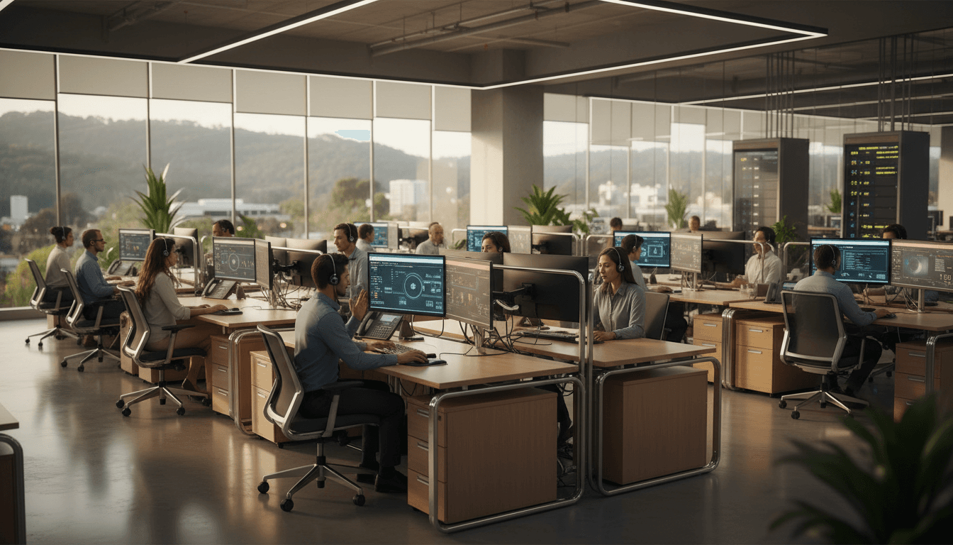 Modern call center operation floor with diverse representatives at workstations