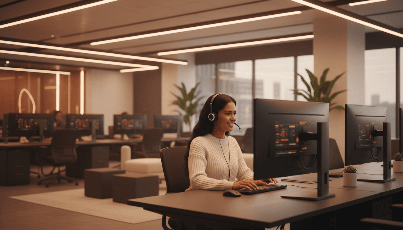 Professional call center agent assisting a customer in a modern, well-lit operations facility